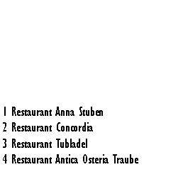 Textfeld: 1 Restaurant Anna Stuben2 Restaurant Concordia3 Restaurant Tubladel4 Restaurant Antica Osteria Traube